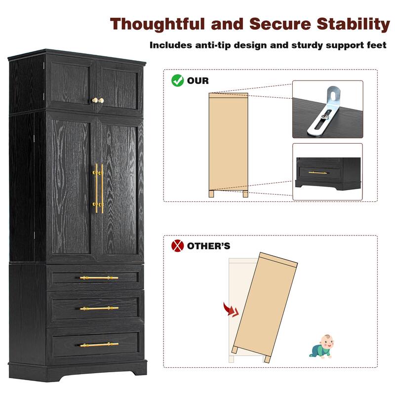Farmhouse 78.2" Kitchen Pantry Cabinet with 4 Doors, 3 Adjustable Shelves and 3 Drawers