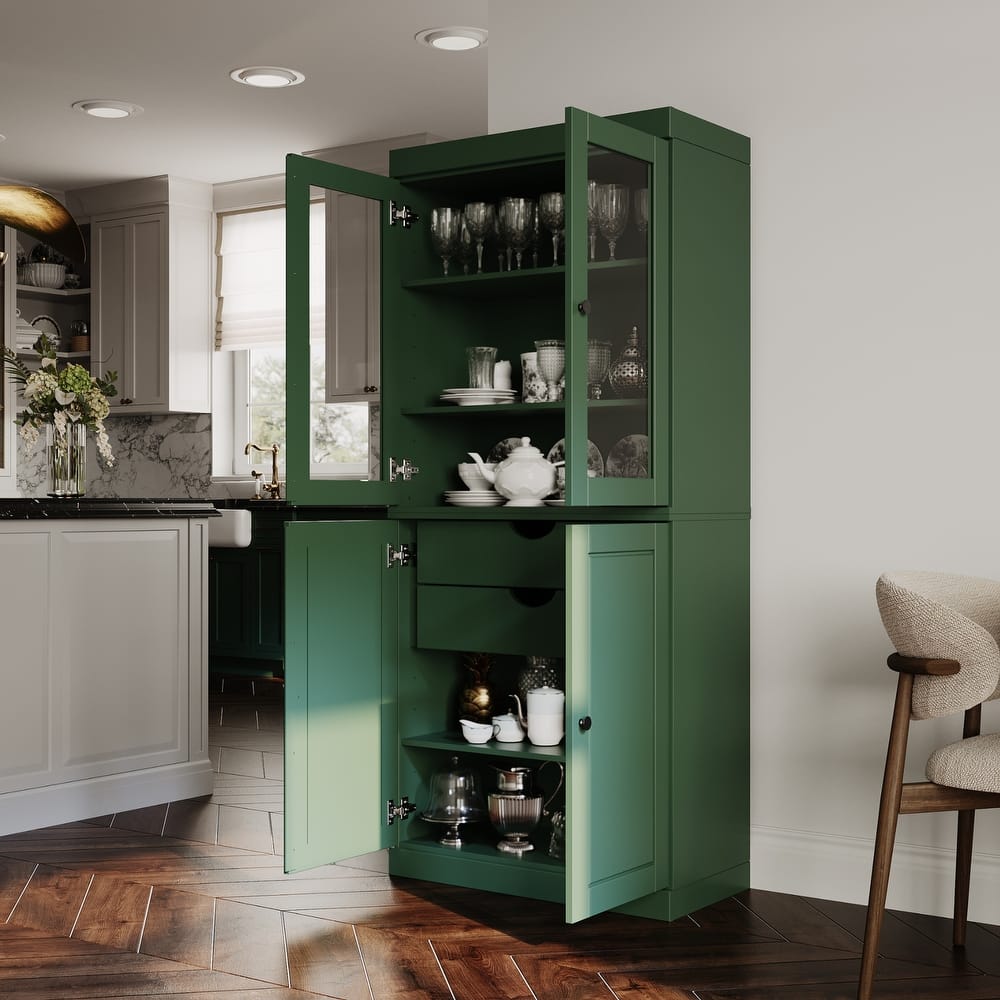 Palace Imports Solid Wood Pantry Cabinet, Raised Panel & Clear Glass Doors, 2 Drawers, Adjustable Shelves