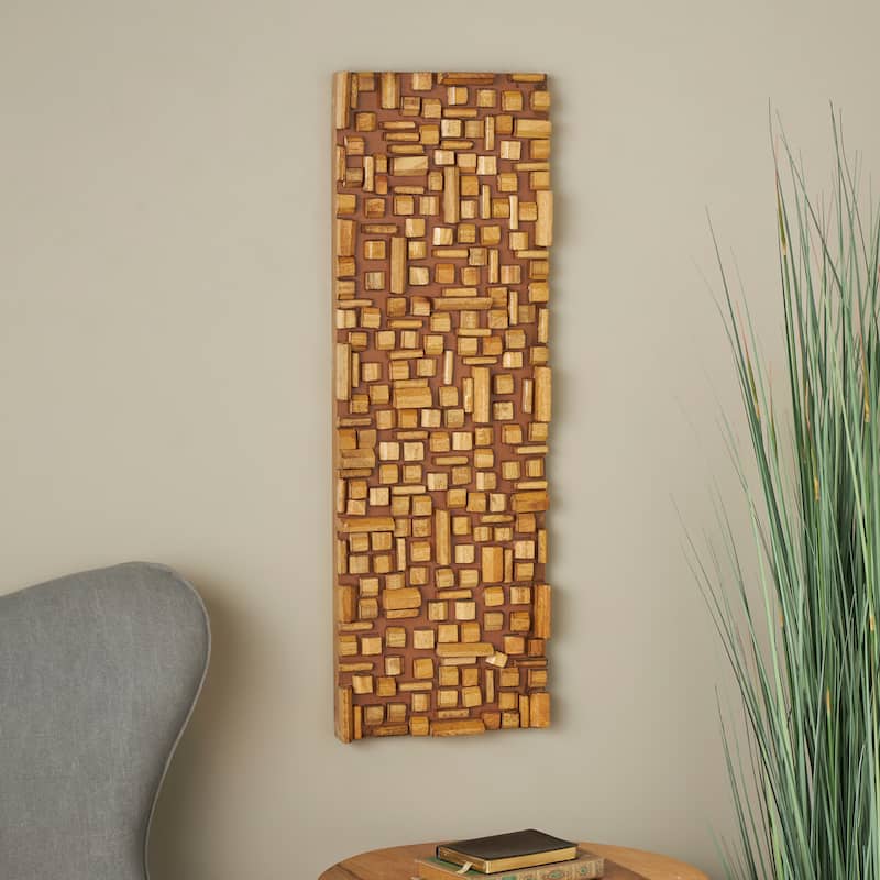 Brown Mango Wood Handmade Geometric Block Panel Abstract Wall Decor - Brown - 36"W, 12"H