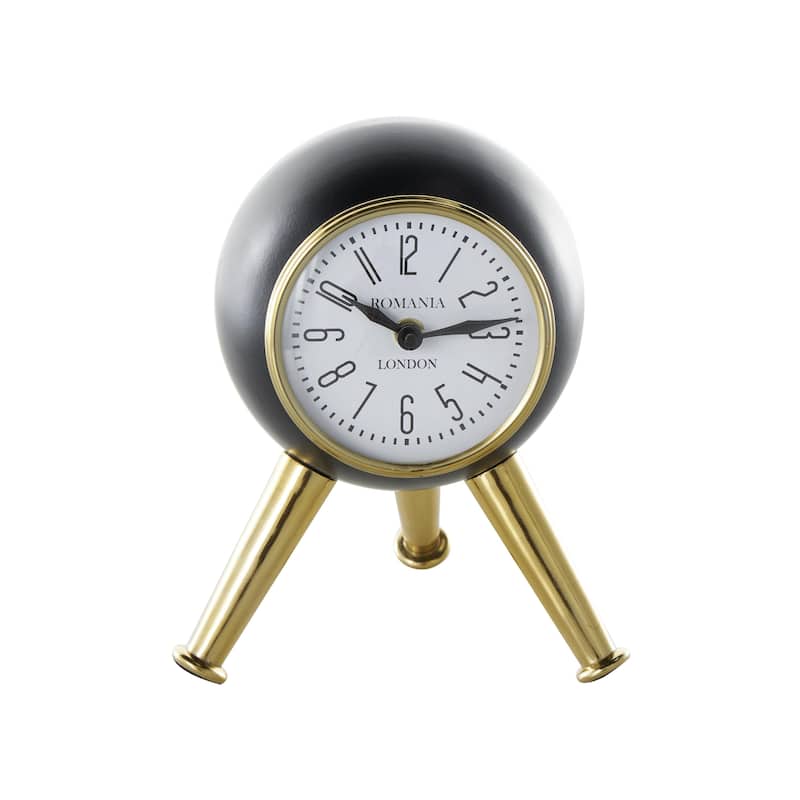 Aluminum Metal Orb Decorative Clock with White or Black Clockface and Gold Tripod Legs - Black or Silver - Roche River Decor