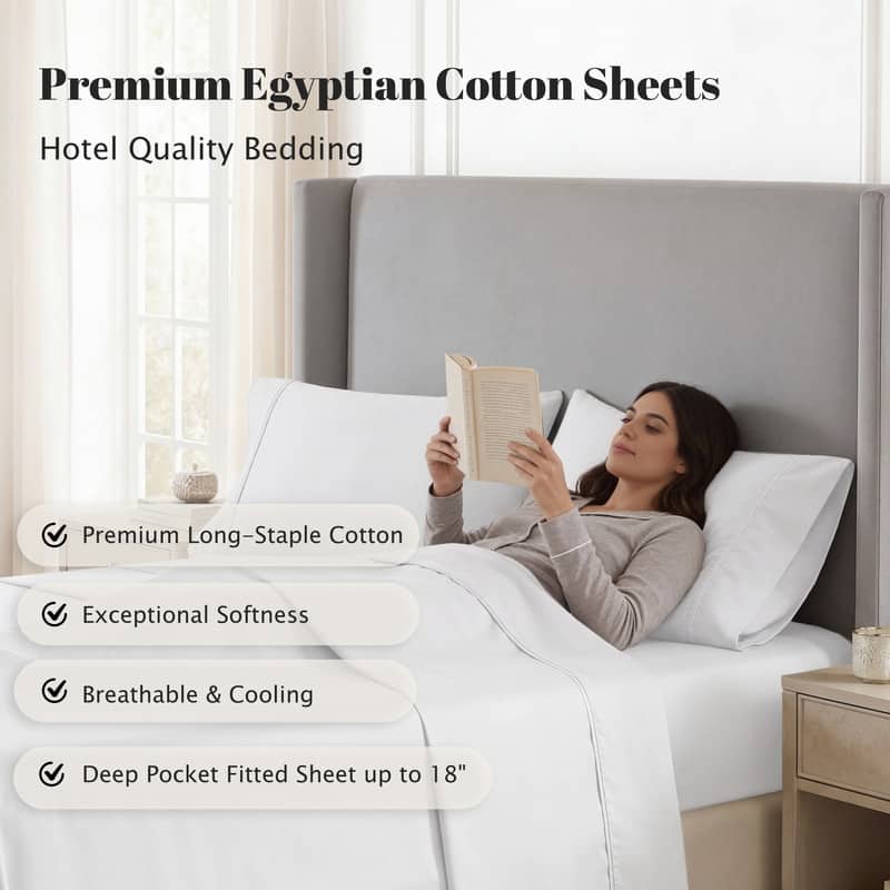 Superior Egyptian Cotton 530 TC Sheet Set Sateen Weave, Deep Pocket, Ultra‑Soft & Breathable Bedding