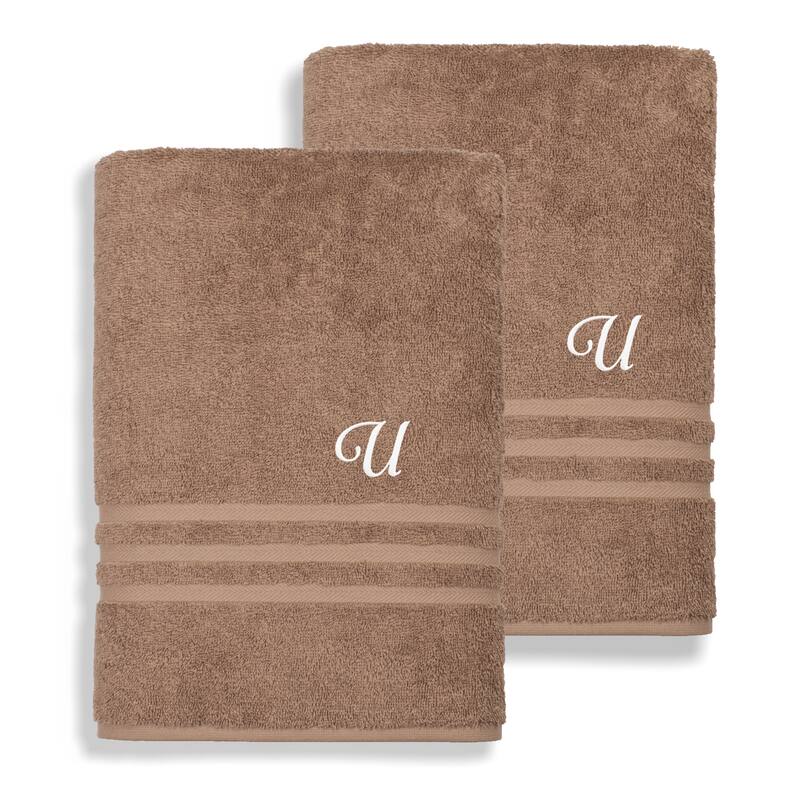 Authentic Hotel and Spa Omni Turkish Cotton Terry Set of 2 Latte Brown Bath Towels with White Script Monogrammed Initial - U