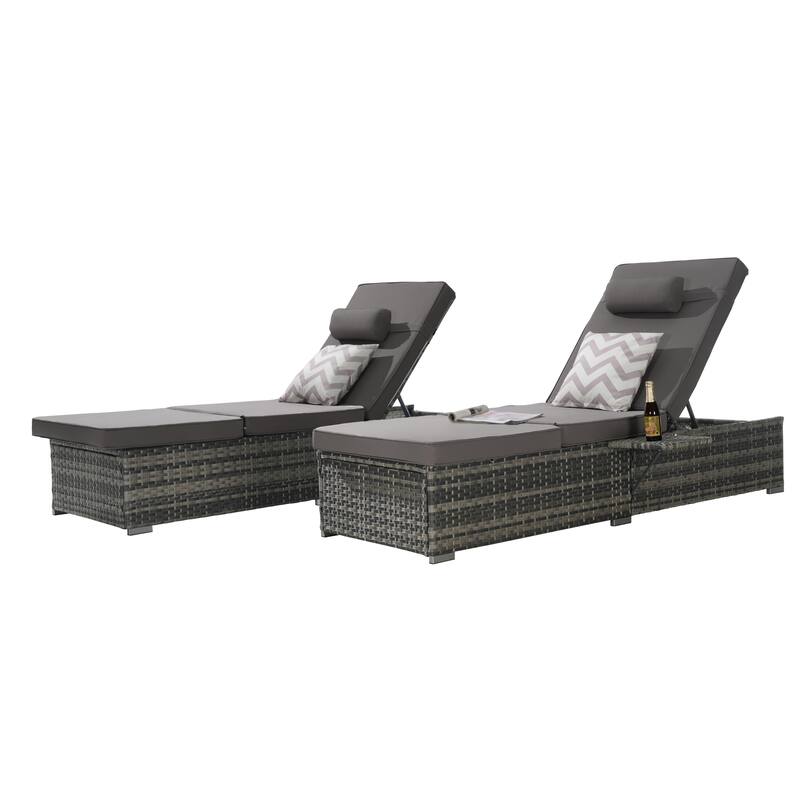 Outdoor Chaise Lounge Chair Set of 2 with Storage Patio Pool Chairs Tanning Lounges for Outside, Beach Rattan Recliners