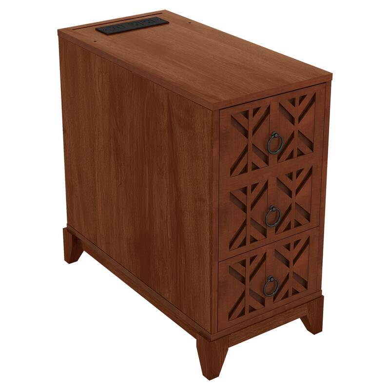 Tall Nightstand with Charging Station, Narrow Sofa Side Table with 3 Drawers & 2 Open Shelves, Solid Wood Entryway Accent Table