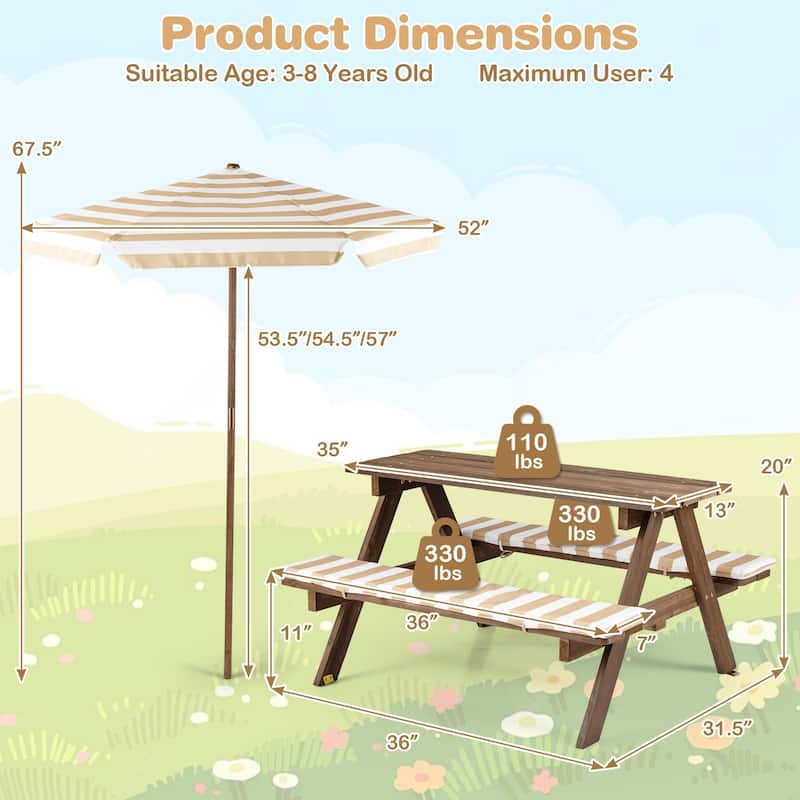Gymax Kids Picnic Table w/Bench Seat Cushions Removable & Adjustable