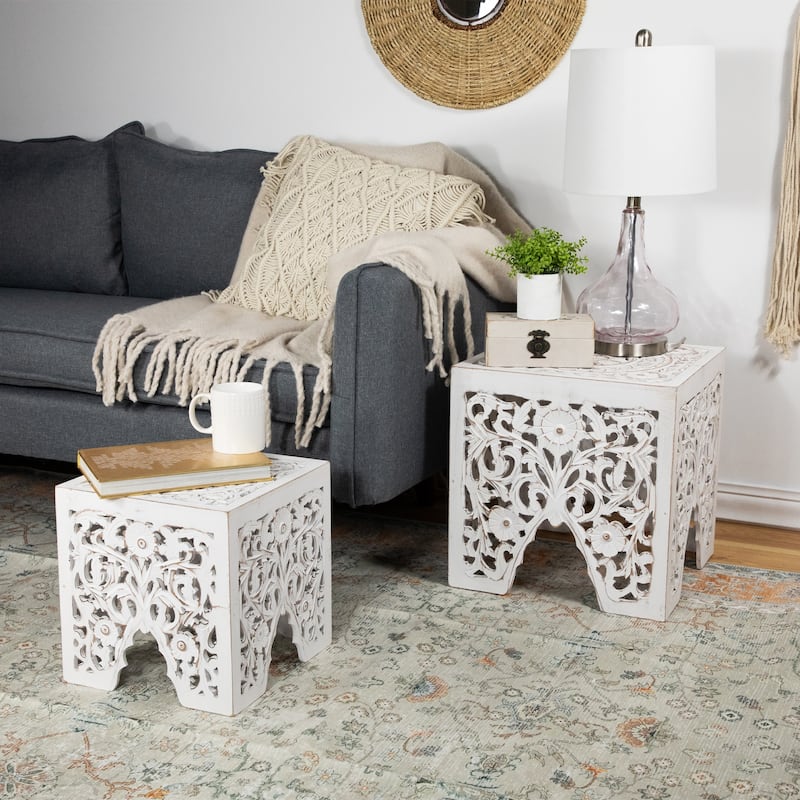 Set of 2 Antique White Square Stackable Nesting Side Table Stool 16"