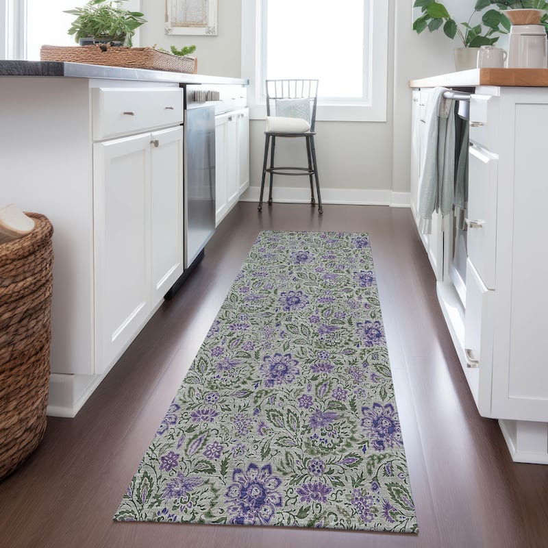 Machine Washable Indoor/ Outdoor Chantille Farmhouse Floral Rug - Olive - 2'3" x 7'6"