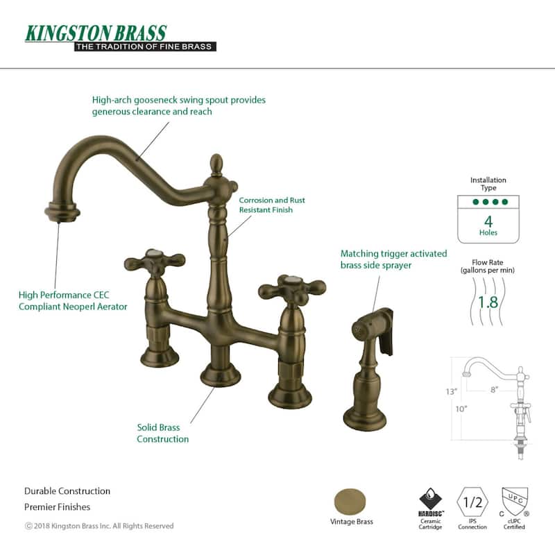 Kingston Brass Heritage Bridge Kitchen Faucet with Brass Sprayer