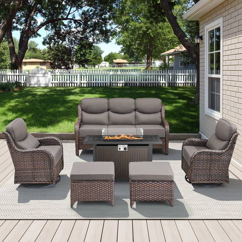 Arcadia 6-Piece PE Wicker Patio Seating Set with Durable All-Iron Fire Pit and 6-Inch Cushions
