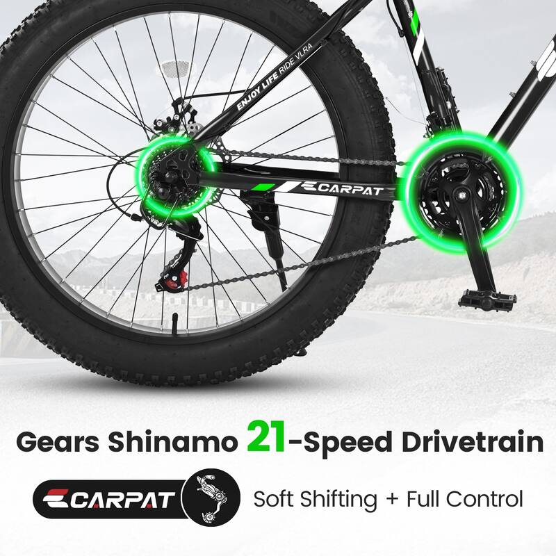All Terrain Fat Tire Mountain Bike with 26 Inch High-Carbon Frame, Gearing, Dual Disc Brakes, Shock Absorption for Trail, Snow
