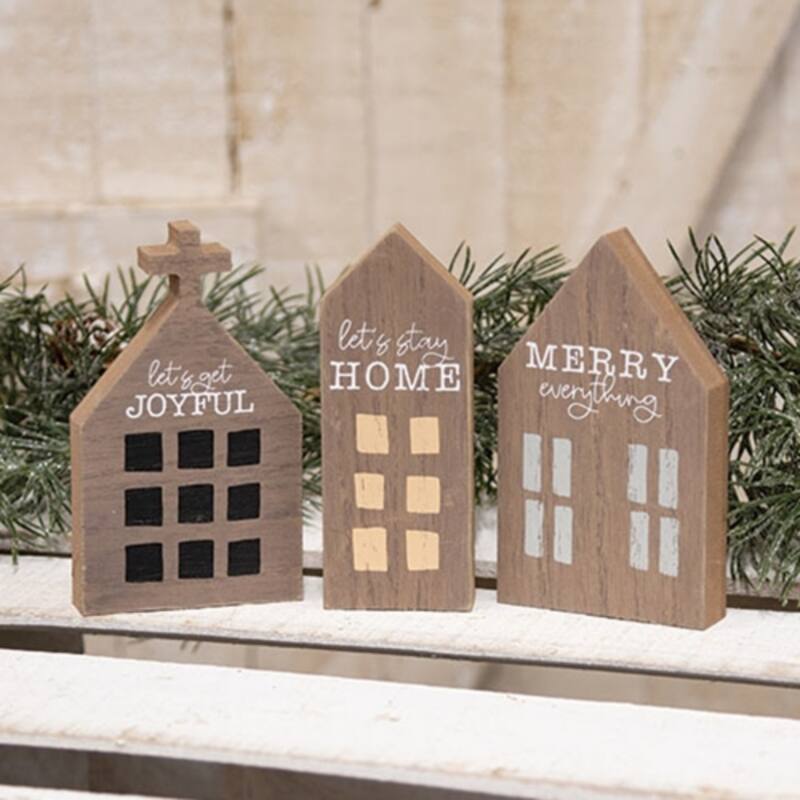Chunky Primitive House Sitters - Joyful, Merry, Home Decor- 3 Asstd. - 5” x 2” x 0.75”