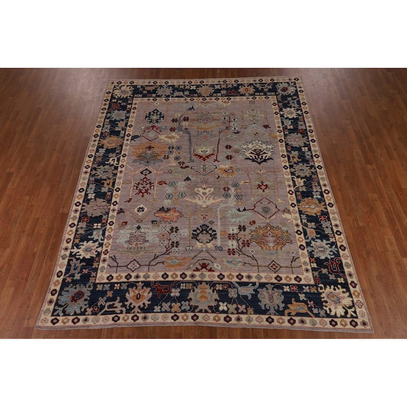 Vegetable Dye Oushak Turkish Rug Hand-Knotted Floral Wool Carpet - 8'0"x 9'11"