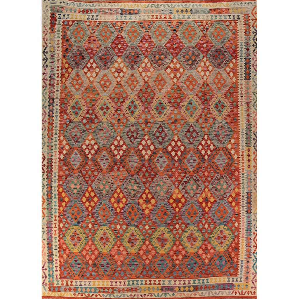 South Western Style Kilim Oriental Rug Hand-Woven Wool Carpet - 9'8" x 13'1"