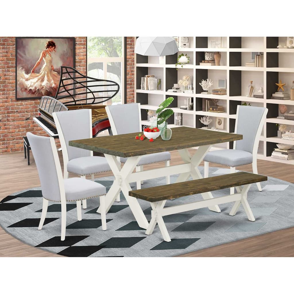 HomeStock 6-Piece Rectangle Wire Brushed Linen White Finish Solid Wood Top Dining Table with 1-Bench, 4-Chairs