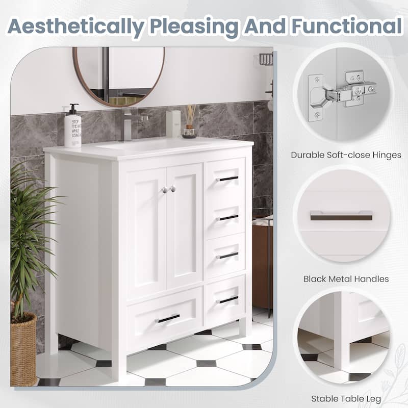 EROMMY All-in-One Bathroom Vanity with Ceramic Sink, Soft-Close Storage Cabinet & Drawer, Glossy Countertop, White