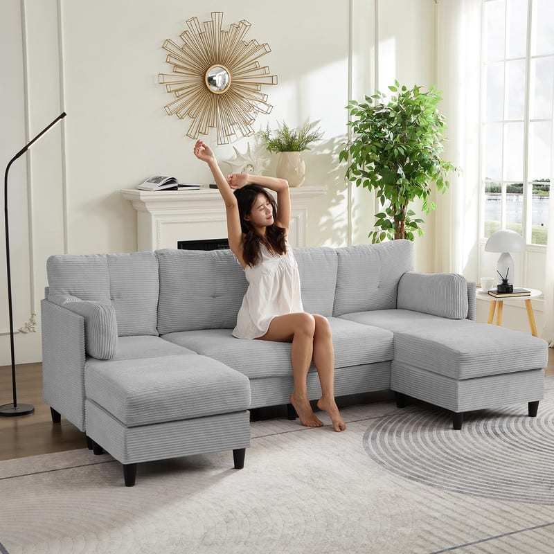 Mixoy W89inch U-Shaped Corduroy Sectional Sofa with Reversible Ottoman,Upholstered 4-Seater Sofa