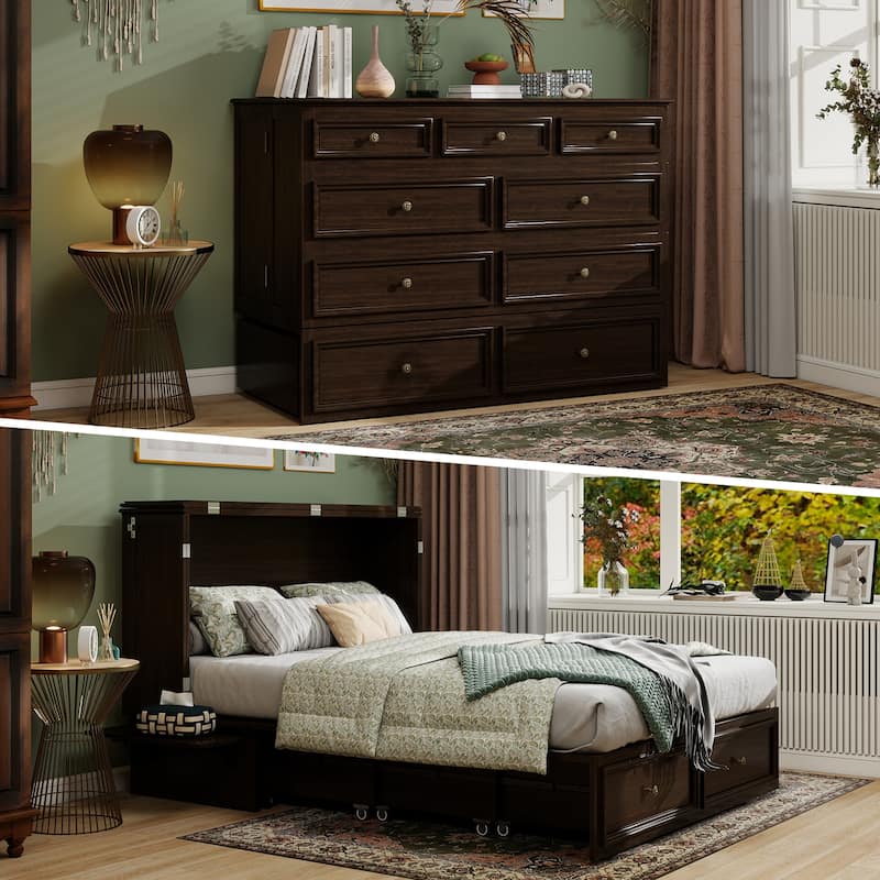 Solid Wood Murphy Bed Full Size with Storage | Space Saving Walnut Cabinet Bed with Easy Pull-Out Mechanism for Bedroom - Ebony Wood