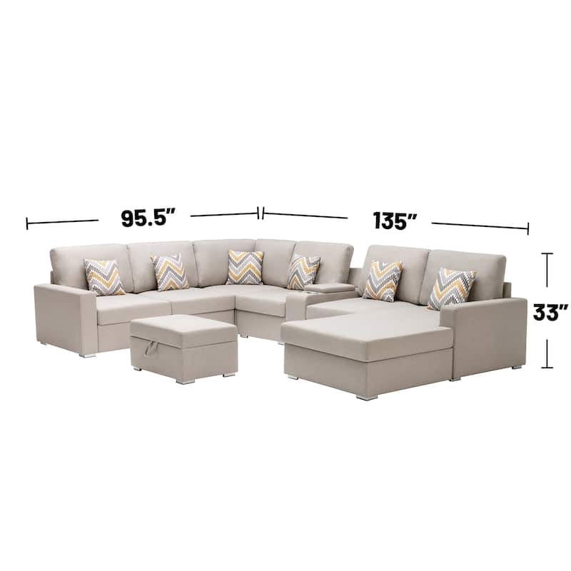 Linen Fabric 8 Piece Reversible Chaise Sectional Sofa with Storage Ottoman, and Storage Console Table