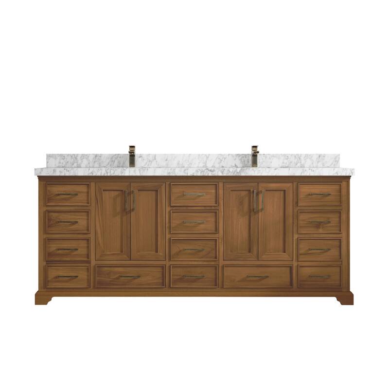 Willow Collections 84 in. W x 22 in. D Charlotte Teak Double Sink Bathroom Solid Teak Vanity with Countertop - 2"Carrara Marble - Dark Natural