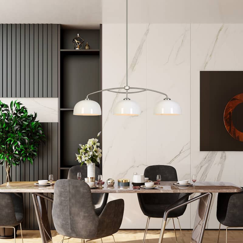 Modern Unique 3-Light Linear Island Dining Nickel Chandelier with Glass - 42.5"W x 10.8"D x 74.4"H