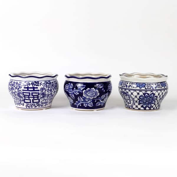 slide 6 of 5, ClayBarn Blue and White Ceramic 3-piece Terrace Garden Planter Set Blue