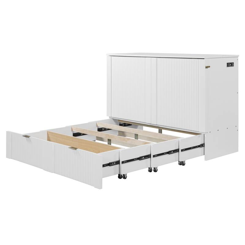 Space-Saving Queen Size Murphy Bed with Drawer, USB Ports, and Pulley Mechanism, Convertible Wall Bed with Flexible Slats