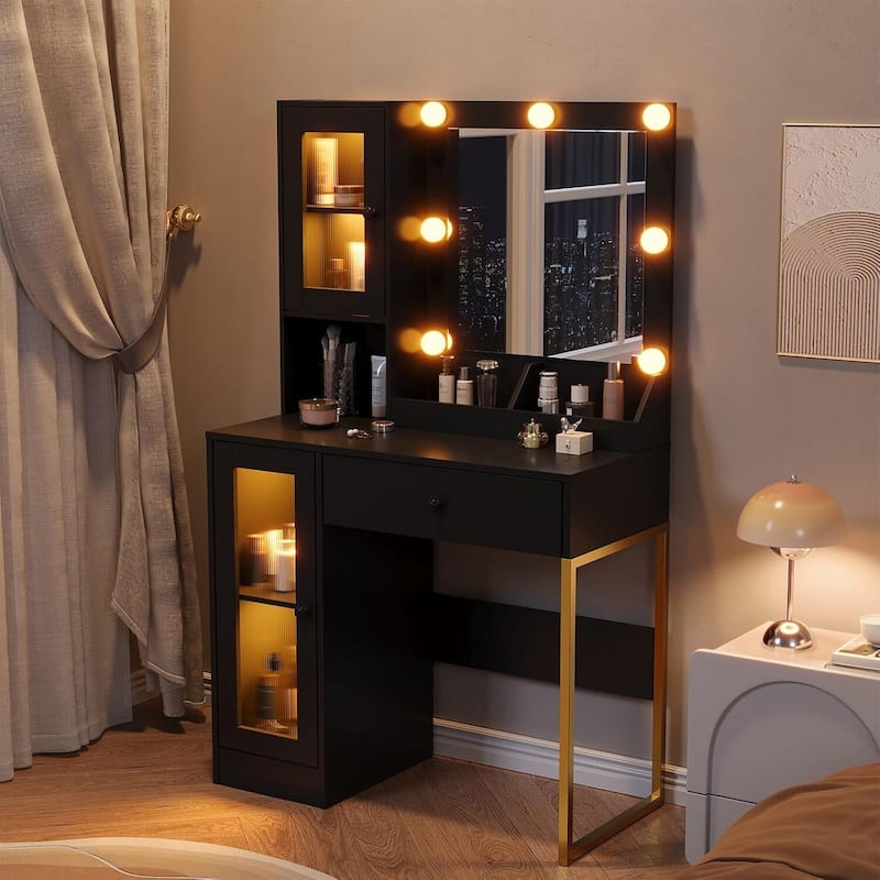 Vanity Desk, Makeup Dressing Table with LED Lights, Mirror, Built-in Outlets & USB Ports - Black