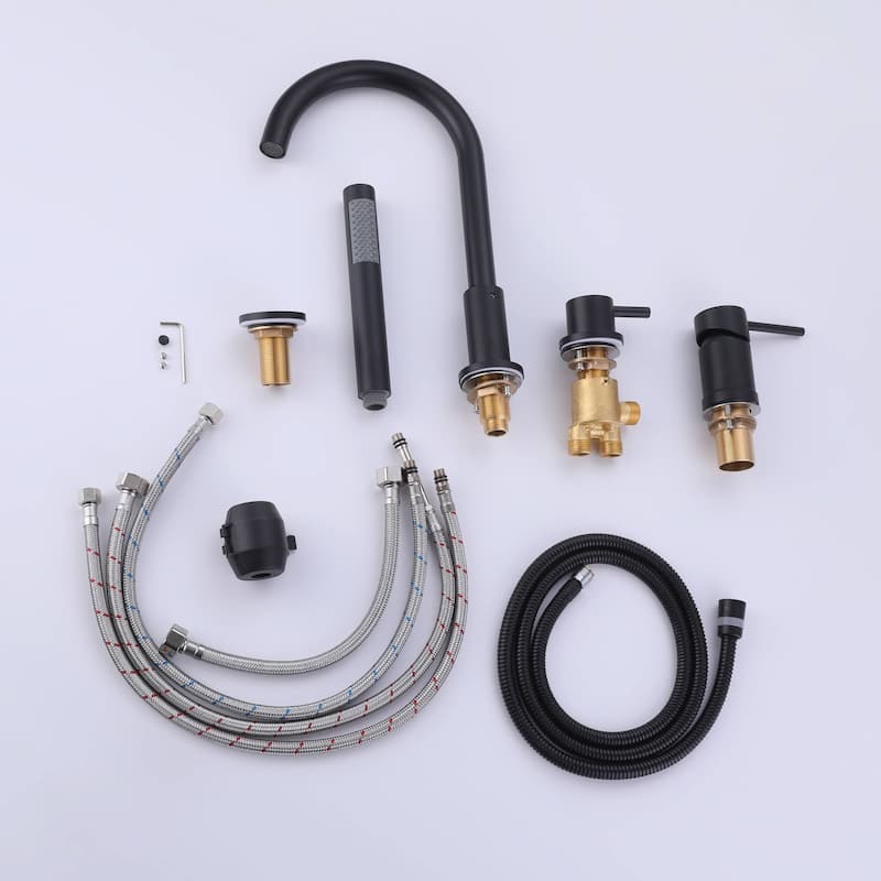 Matte Black Tub Faucet With Handheld Shower 4 Hole Bathtub Filler Modern Deck Mounted Roman Bathroom Tub Faucets With Valve