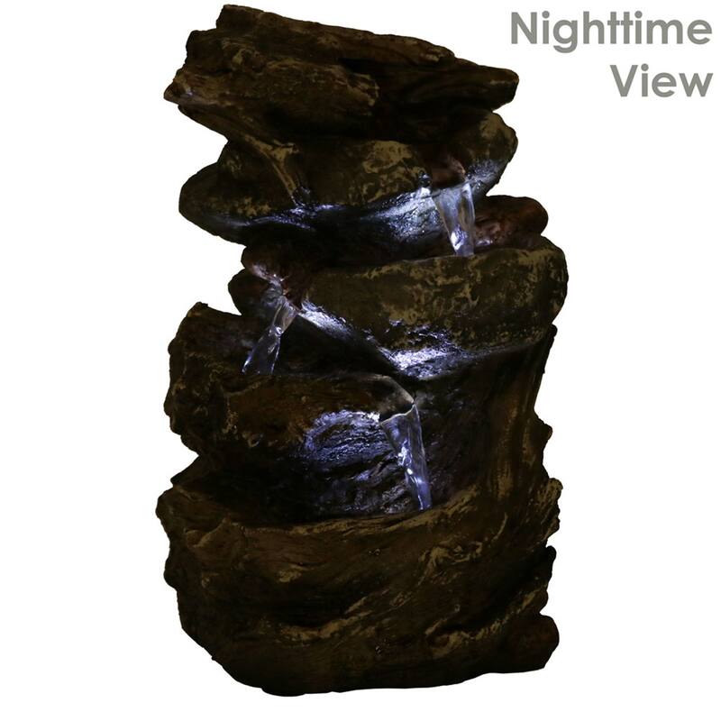 Sunnydaze Tiered Rock and Log Tabletop Fountain with LED Lights - 10.5-Inch