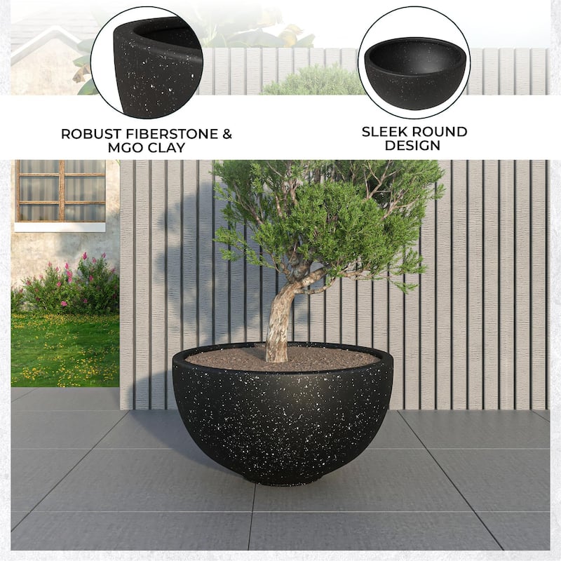 Iris Modern Round Planter Sleek Fiberstone & MgO Clay Pot with Drainage - Weather-Resistant All-Season Indoor/Outdoor Decor