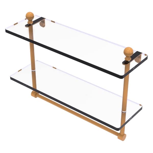 Mambo Collection 16 in. Two Tiered Glass Shelf with Integrated Towel Bar in Unlacquered Brass Mambo Collection 16 in. Two Tiered Glass Shelf with Integrated Towel Bar in Unlacquered Brass