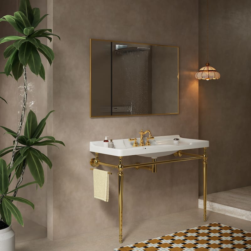 48" Wall-Mounted Bathroom Console Sink - Ceramic Vanity Basin with Stainless Steel Legs & Towel Bar