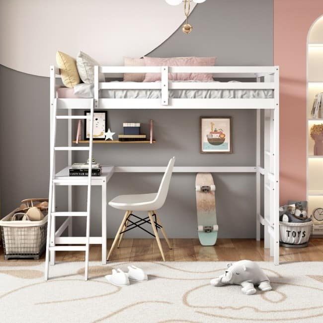 Twin Size Loft Bed Frame with Desk Angled and Built-in Ladder