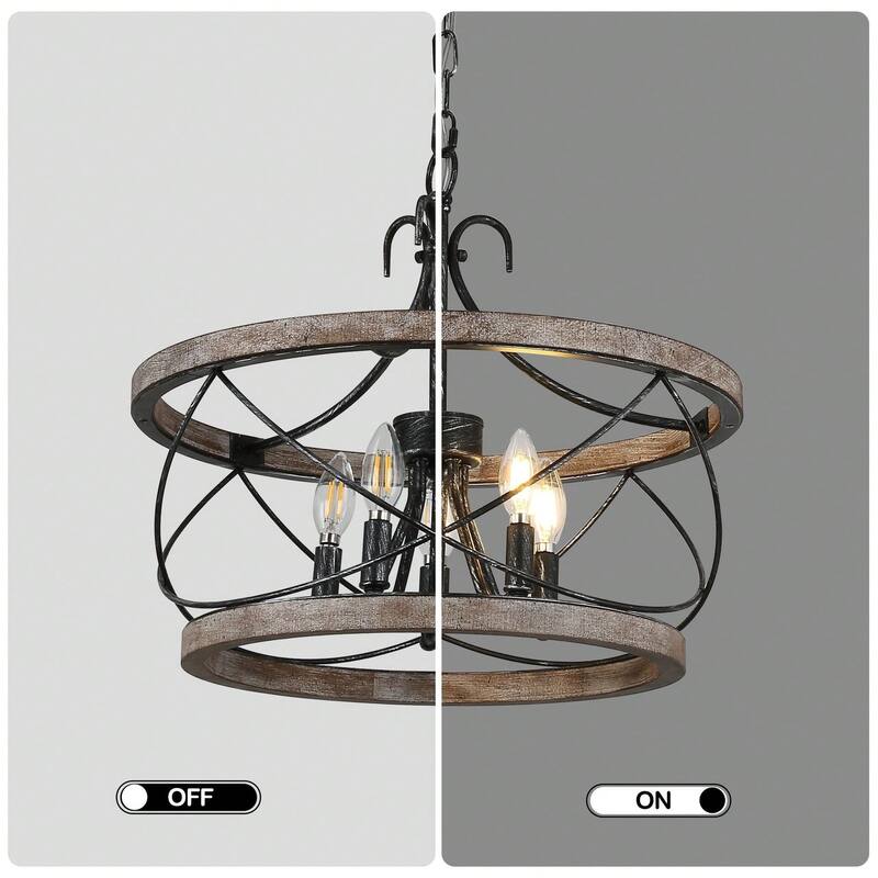 Cusp Barn 15.7 Inch Farmhouse Drum Wood Chandelier, 5-Light Rustic Over Table Chandelier Light Fixtures for Kitchen Island Foyer