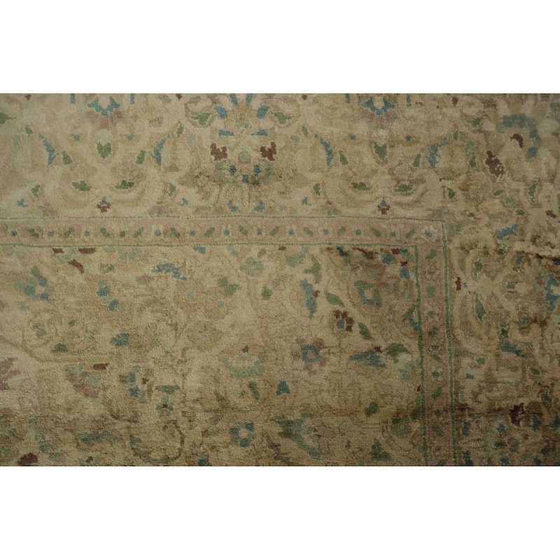 Hand Knotted Oriental Silk Carpet Traditional Floral Beige & Ivories Kashmir Area Rug - 7' 4'' X 6' 11''