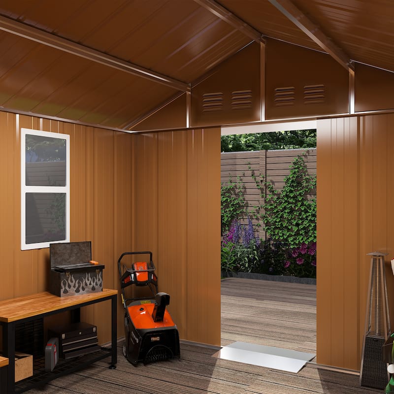 Roomfitters 6x4 FT Metal Storage Shed with Windows, Lockable Sliding Door, Vents & Weatherproof for Garden, Brown