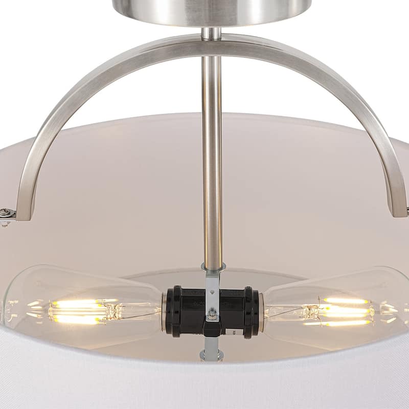 Contemporary 2-Light White Linen Drum Semi Flush Light 15in Wide