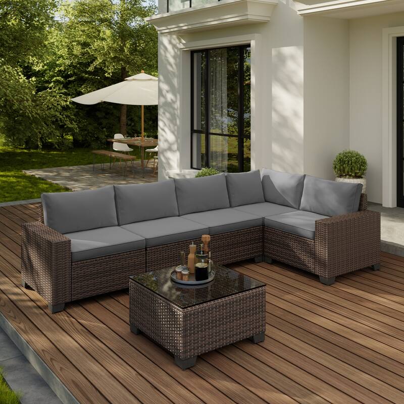 6-Piece Outdoor Patio Furniture Set, PE Wicker Rattan Sectional Sofa Conversation Set with Thickened Cushions and Coffee Table
