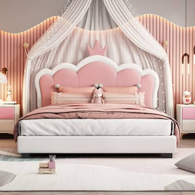 Full size Upholstered Princess Bed With Crown Headboard,Full Size Platform Bed with Headboard and Footboard, Cream+Pink