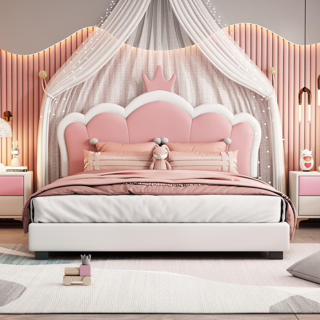 Full size Upholstered Princess Bed With Crown Headboard,Full Size Platform Bed with Headboard and Footboard, Cream+Pink
