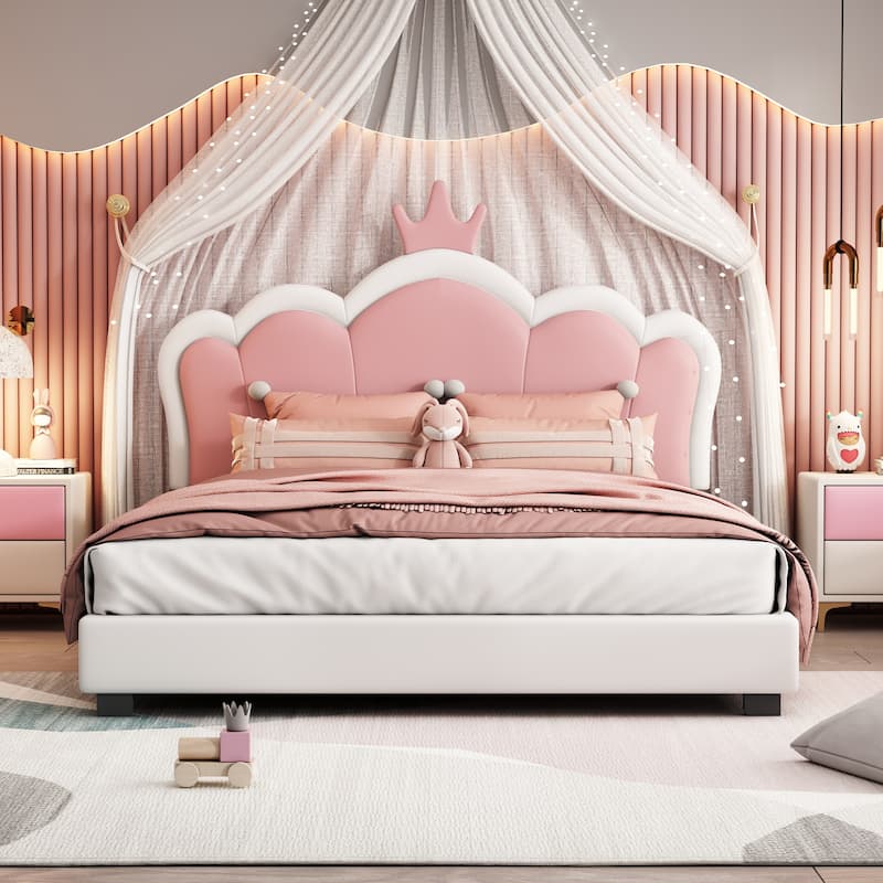 Full size Upholstered Princess Bed With Crown Headboard - White+Pink/PU