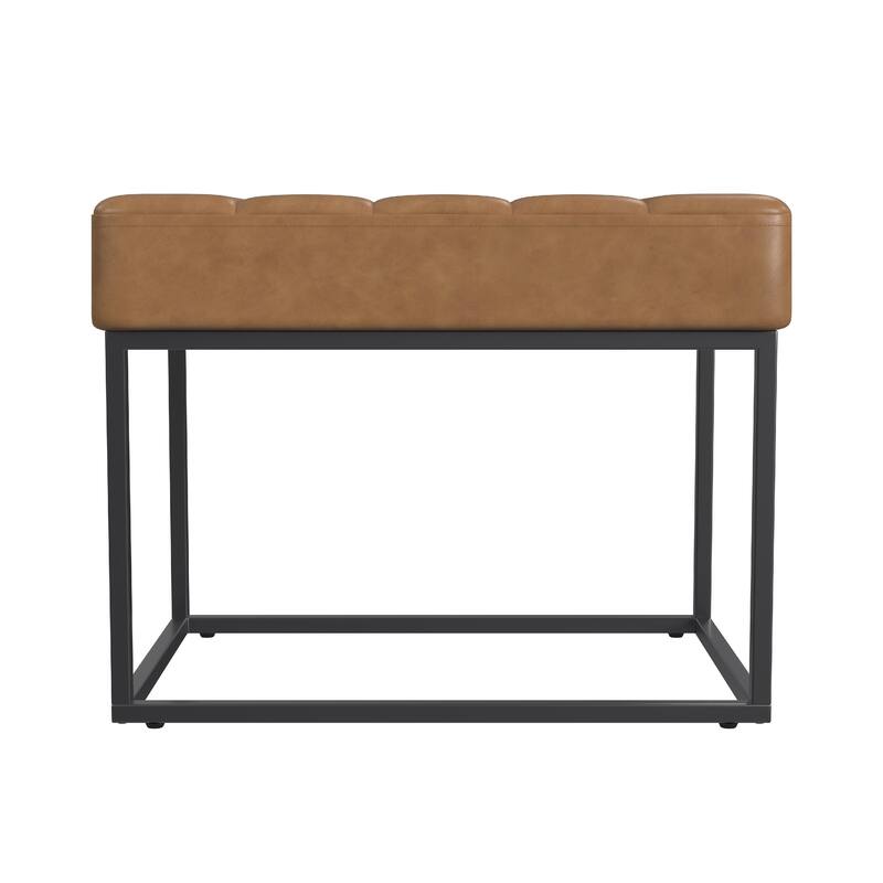 Kai Ottoman Footstool, Carmel Brown Faux Leather, Black Metal, 22 Inch