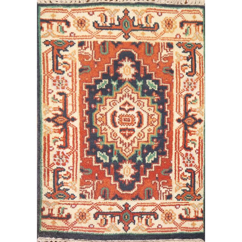 Hand Knotted Oriental 100% Wool Carpet Traditional Medallion Navy Blue & Blues Heriz (serapi) Area Rug - 3' 0'' X 2' 0''