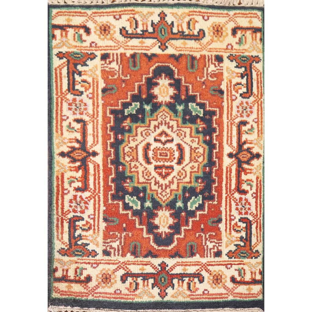 Hand Knotted Oriental 100% Wool Carpet Traditional Medallion Navy Blue & Blues Heriz (serapi) Area Rug - 3' 0'' X 2' 0''