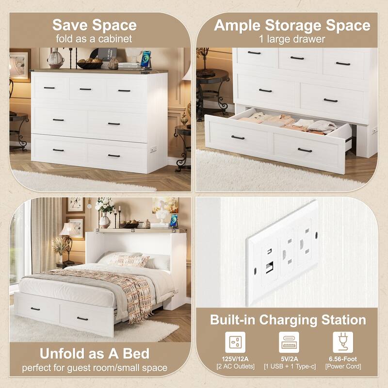 Murphy Bed Cabinet with Charging Station for Guest Room and Small Bedroom