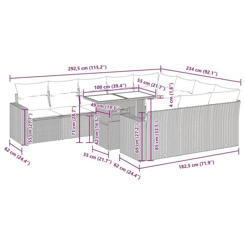 vidaXL 11 Piece Patio Sofa Set with Cushions Brown Poly Rattan Acacia - 21.7 x 24.4 x 27.2