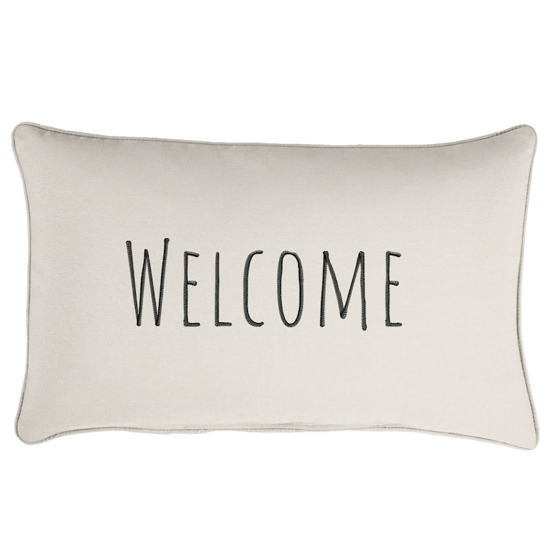 Sunbrella Canvas Embroidered "Welcome" Indoor/Outdoor 13x20 Corded Lumbar Pillow (Single) - 13" x 20" - Canvas Natural
