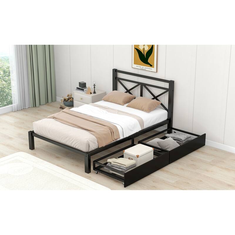 Metal Platform Heavy Duty Bed Frames with 2 Drawers,Storage Bed Bath
