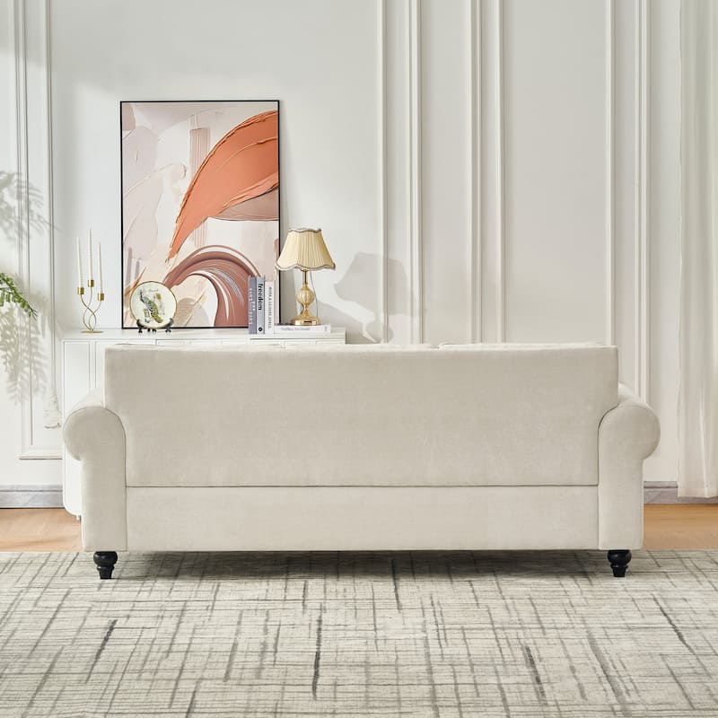 Living Room Deep Seat Rolled Arms Sofa Chenille Upholstered 3 Seater Couch with Wood Legs, Nailhead Trim and Pillows