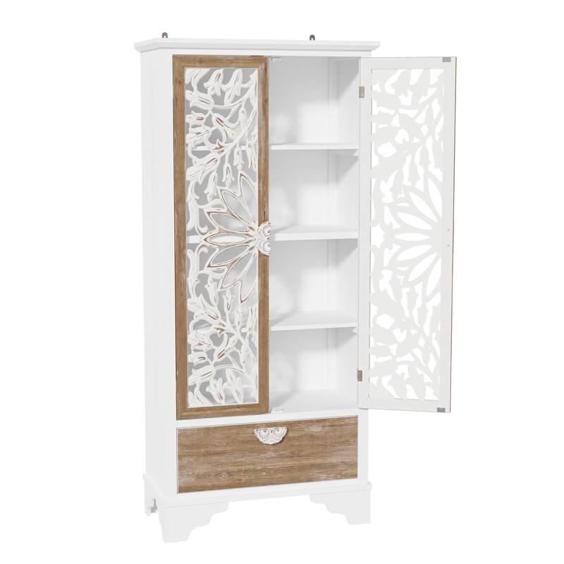 Solid Wood Tall Storage Cabinet, 31.5" Farmhouse Distressed White Carved Armoire with Shelves and Drawer - 31.5"x68.9"